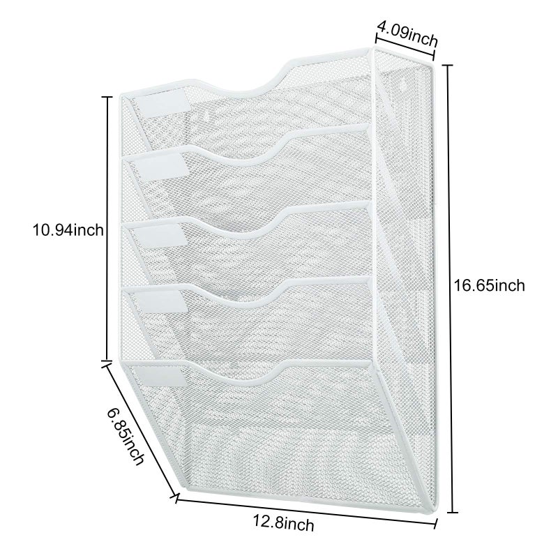 PAG Hanging Wall File Holder Mail Organizer Wall Mount Document Letter Rack, 5-Tier, White - Image 3